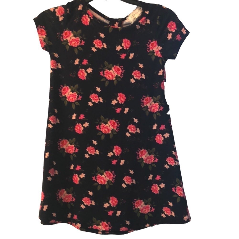 BTWEEN Girls Stretchy Dress Black Pink Rose Floral Keyhole Back Size L 10/12 NWT